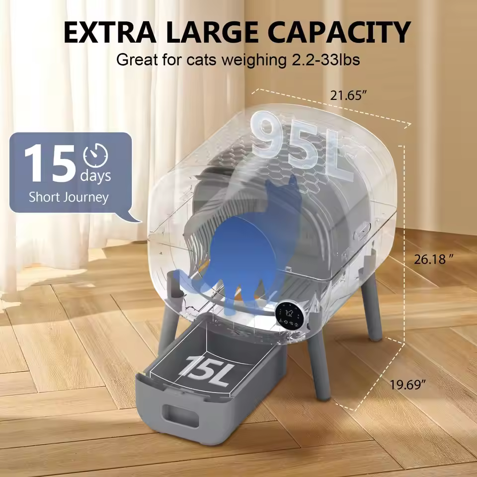 Fumoi extra large capacity 95L self-cleaning litter box dimensions and 15L waste bin