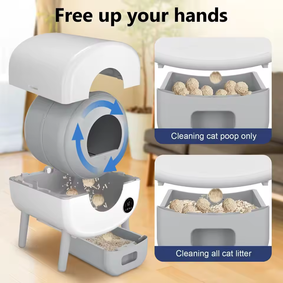 Internal cleaning mechanism of Fumoi smart litter box separating cat waste from clean litter