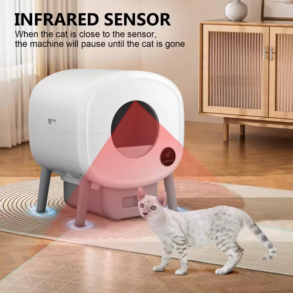 Infrared sensor safety feature on Fumoi automatic cat litter box detecting cat approach