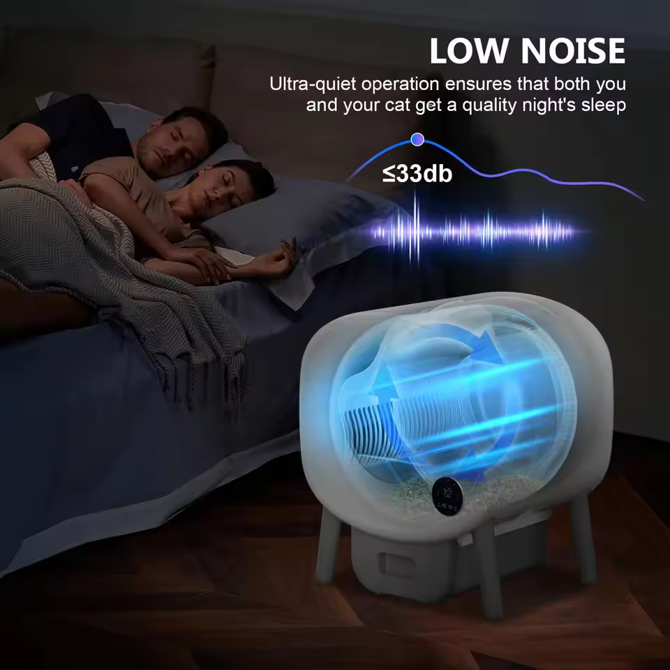 Fumoi smart self-cleaning litter box low noise operation for quiet nights