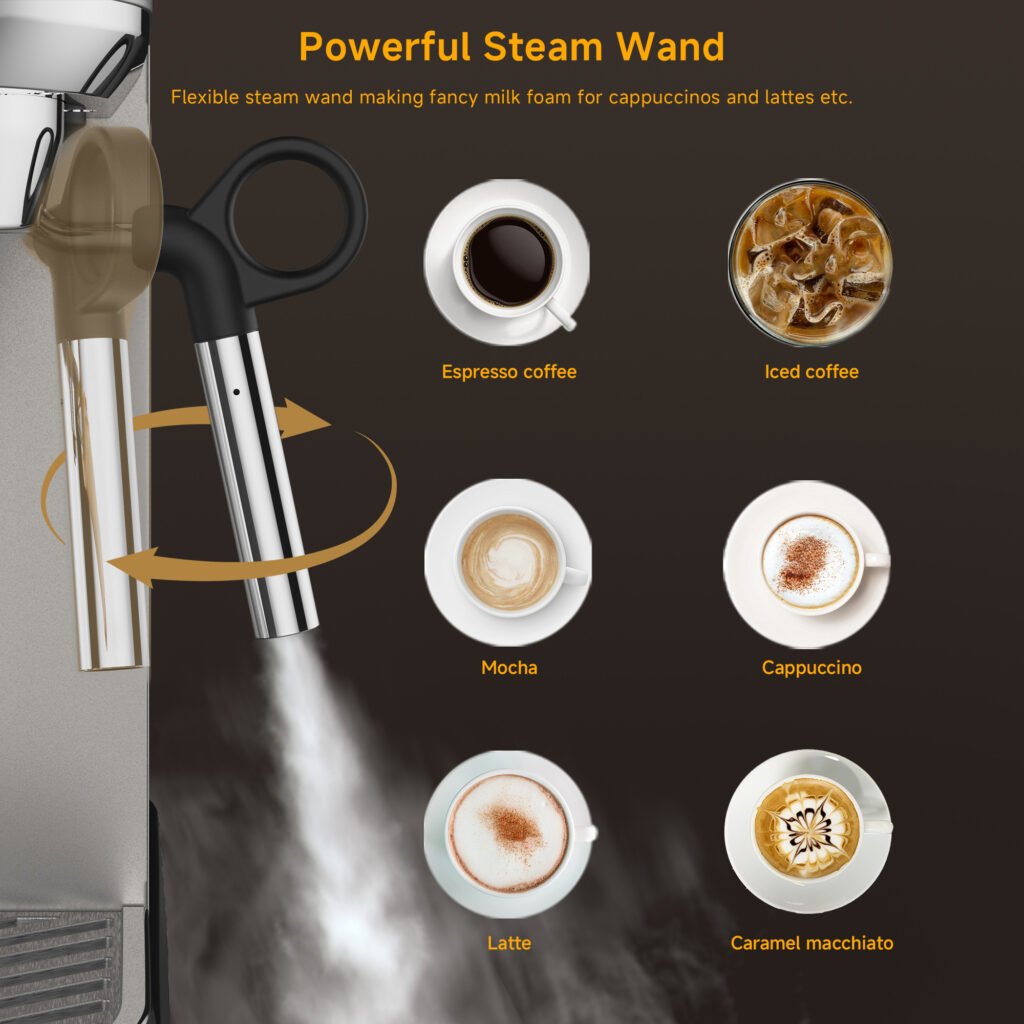Powerful steam wand on BioloMix espresso machine for creamy milk froth