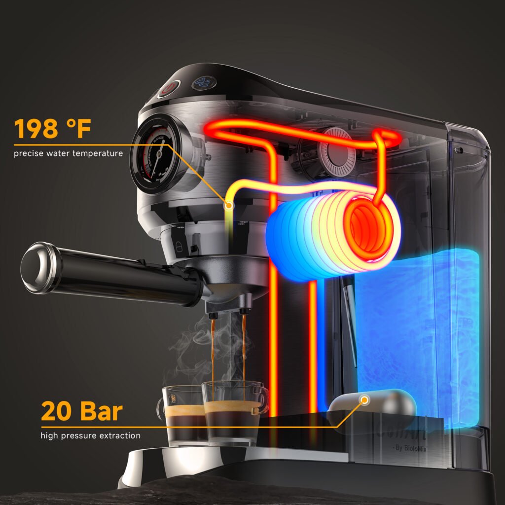 20 Bar pressure and heating system diagram of BioloMix espresso machine review