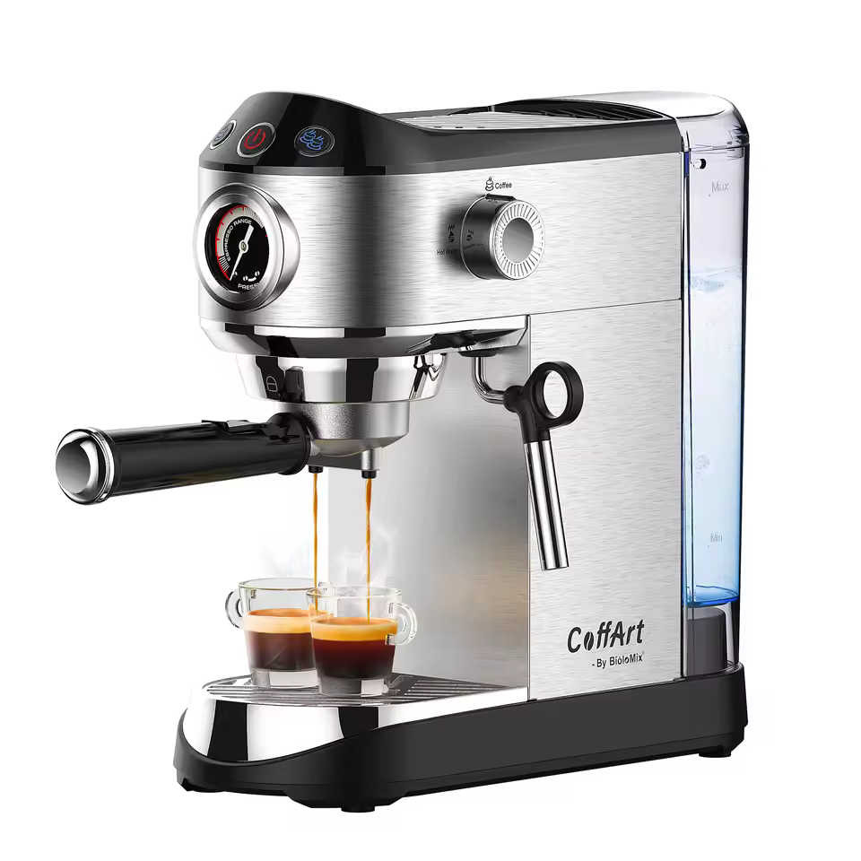BioloMix CoffArt espresso machine on kitchen counter - best budget espresso machine 2025