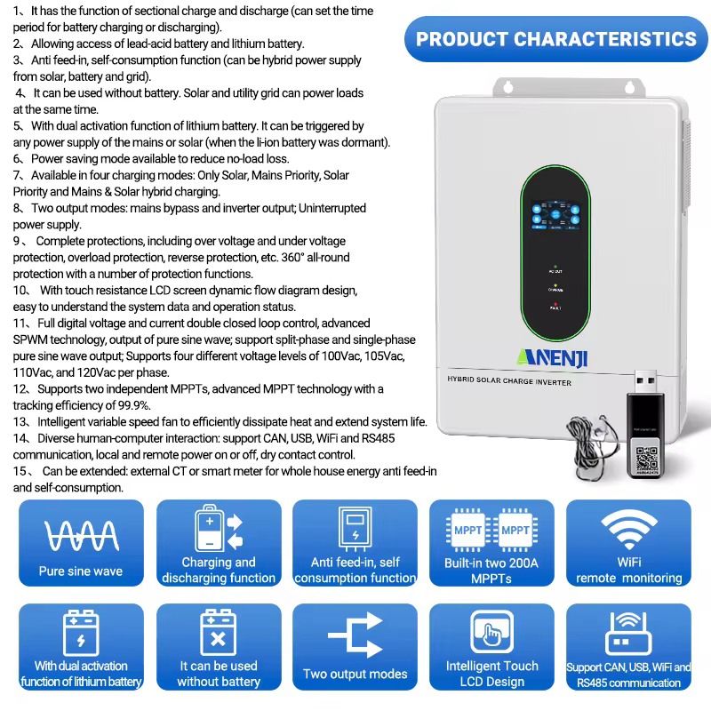 Anenji 12KW hybrid solar inverter technical characteristics and key features infographic