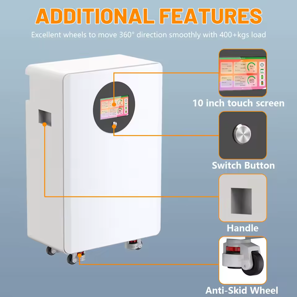 Additional features of SYPOOE battery showing 10 inch touch screen and anti-skid wheels