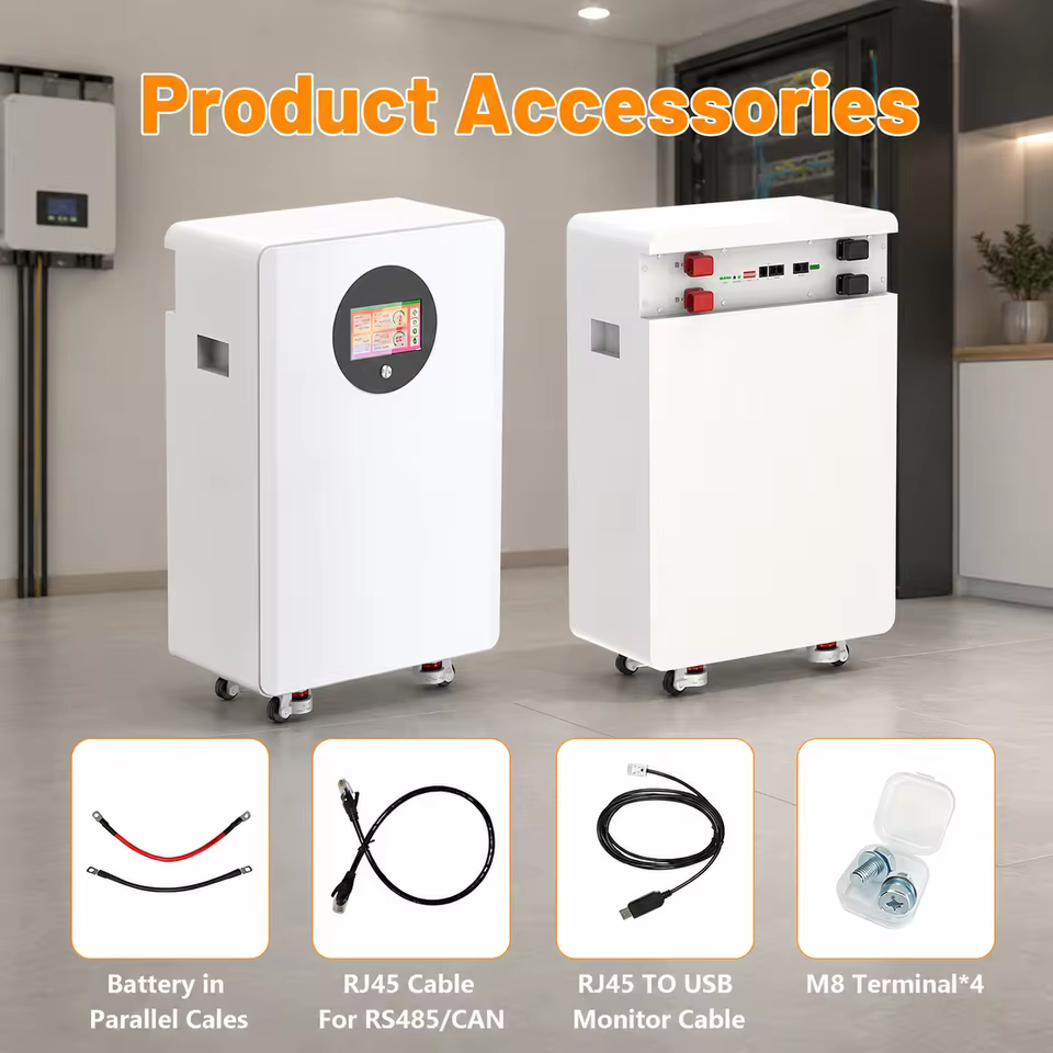 SYPOOE 48V 300Ah LiFePO4 battery accessories including parallel cables and terminals