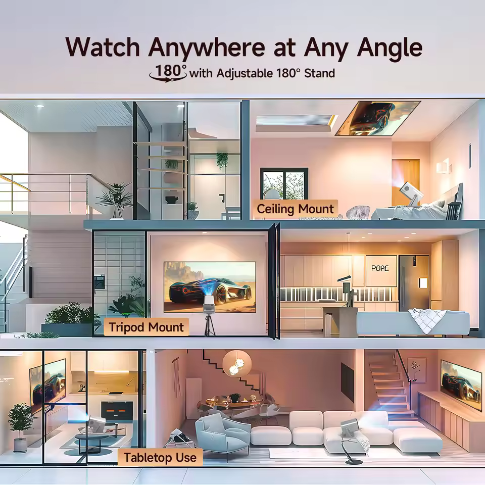Watch anywhere at any angle with a portable 180 degree rotatable smart projector
