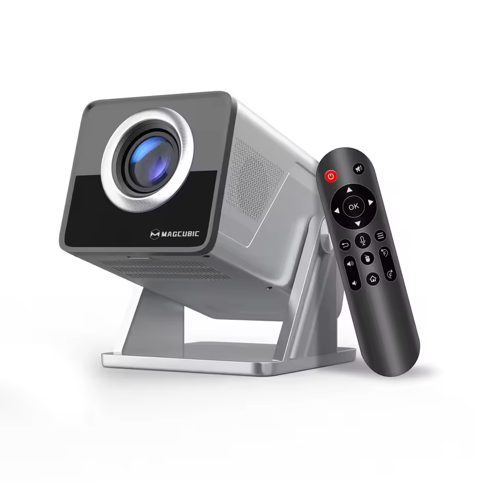 Magcubic X7 smart projector with dedicated remote control and sleek modern design
