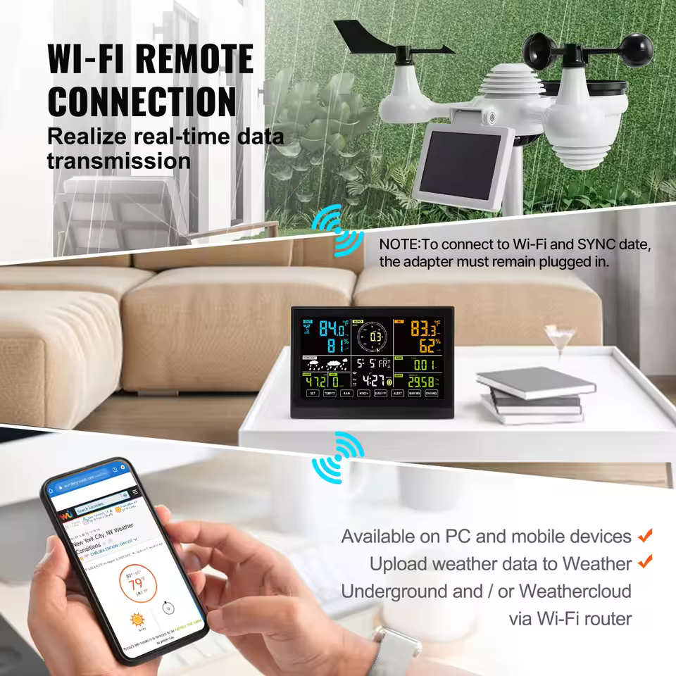 SucceBuy 7-in-1 weather station WiFi remote connection showing real-time data on color display and mobile app