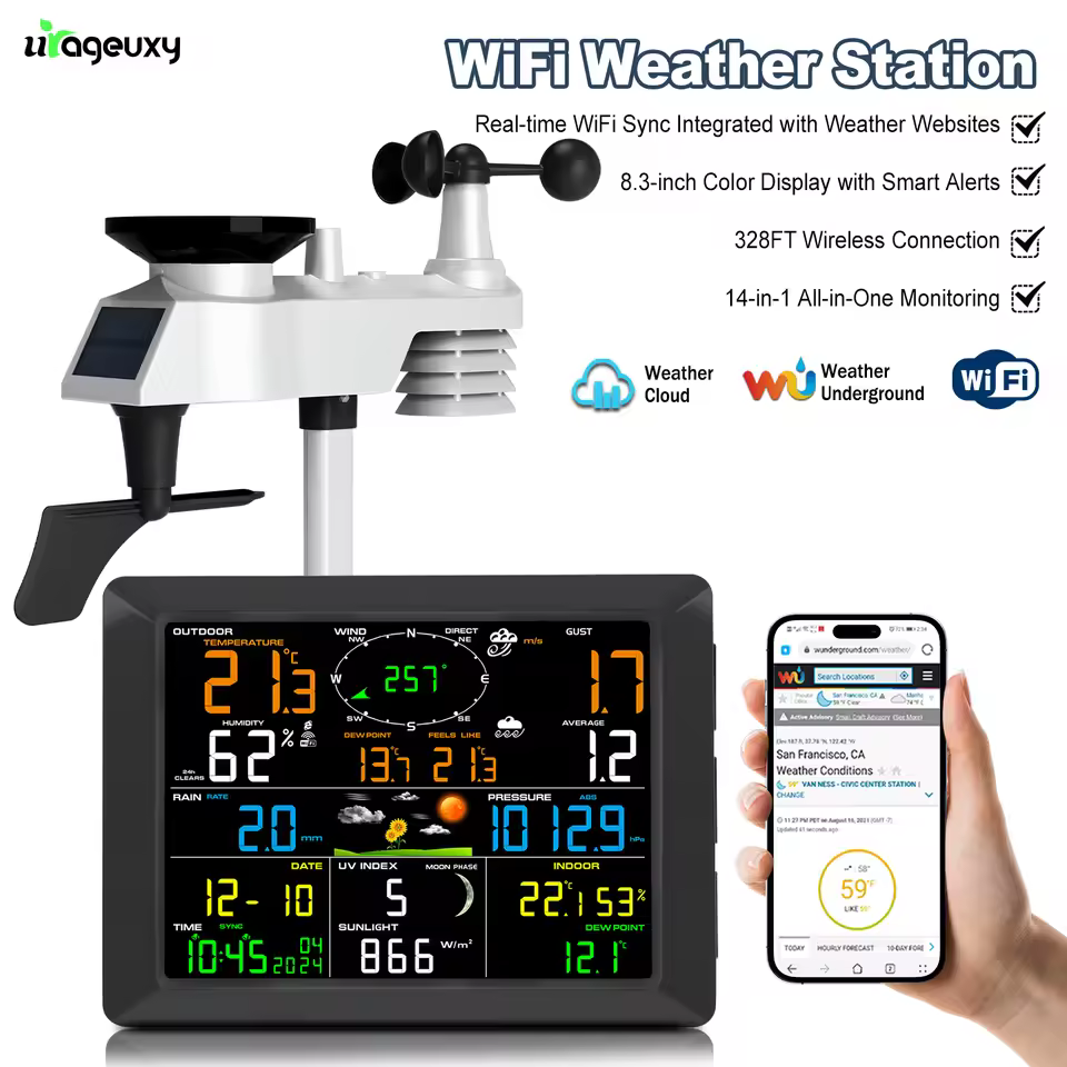 UrageUxy 14-in-1 WiFi weather station with 328ft wireless range, 8.3-inch display and solar outdoor sensor