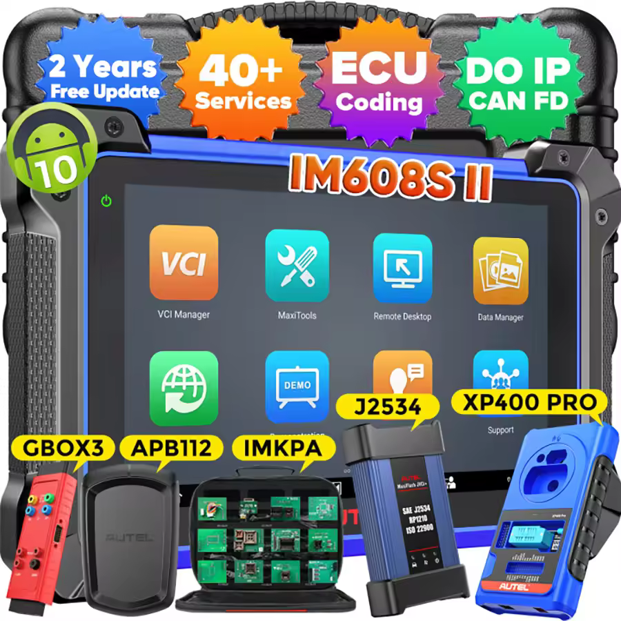 Autel IM608S II kit including GBOX3 and APB112 accessories with CAN FD and DoIP protocol support.