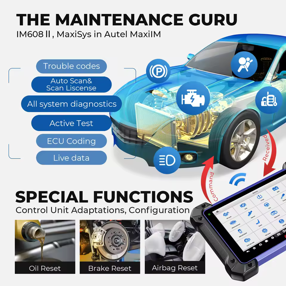 Autel IM608 Pro II professional ECU coding and diagnostic scanner overview showing all system maintenance capabilities.
