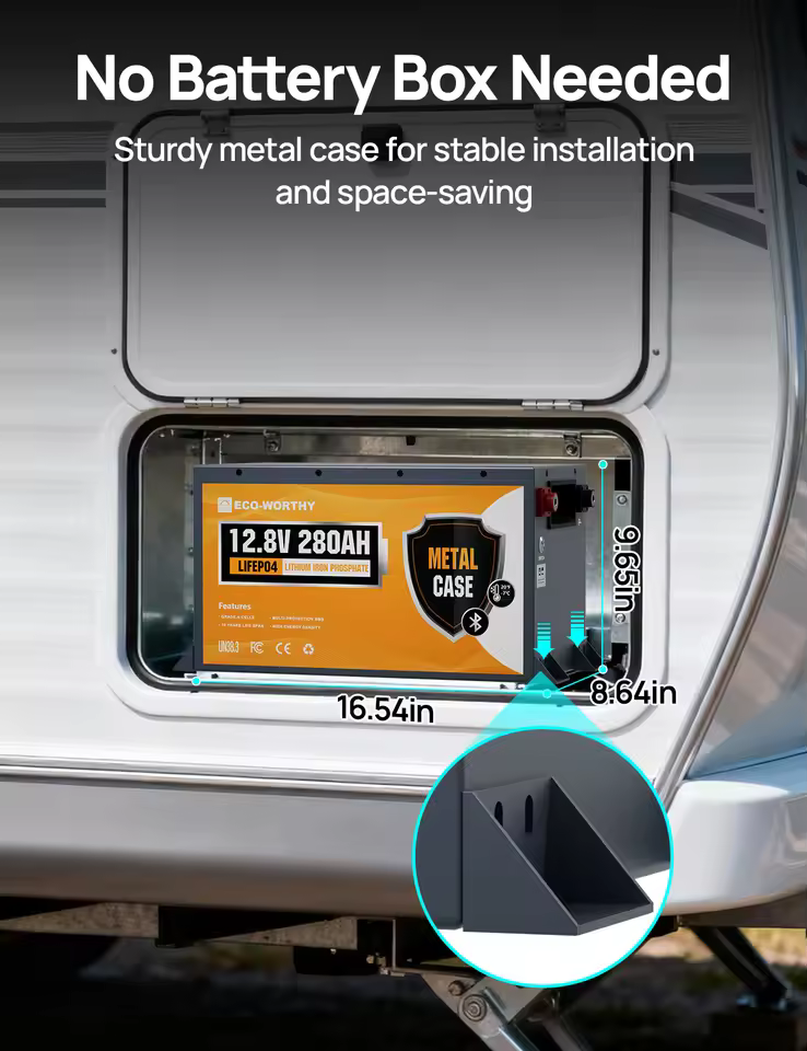 Compact installation of 280Ah LiFePO4 battery in RV without needing an external battery box.