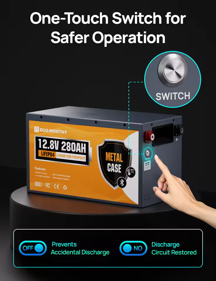 Built-in manual power switch on ECO-WORTHY 280Ah lithium battery for safer operation