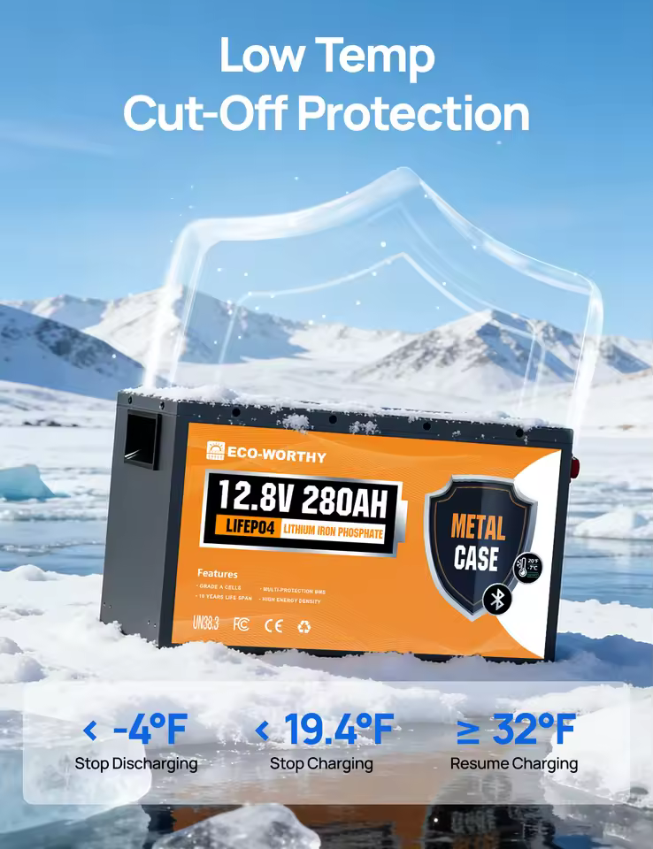 ECO-WORTHY battery low temperature charging protection for cold weather safety.