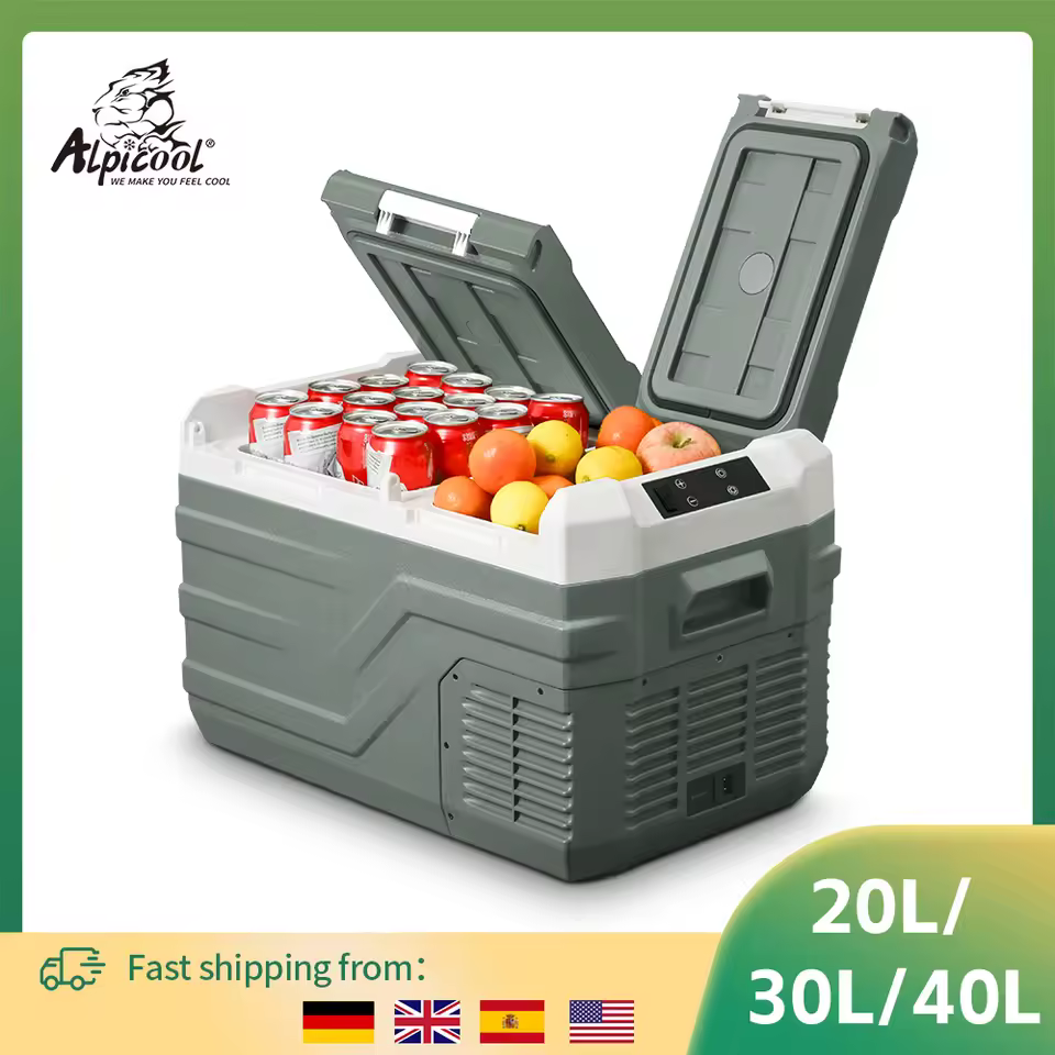 Alpicool NLS car fridge open showing dual zone with drinks and fresh fruit