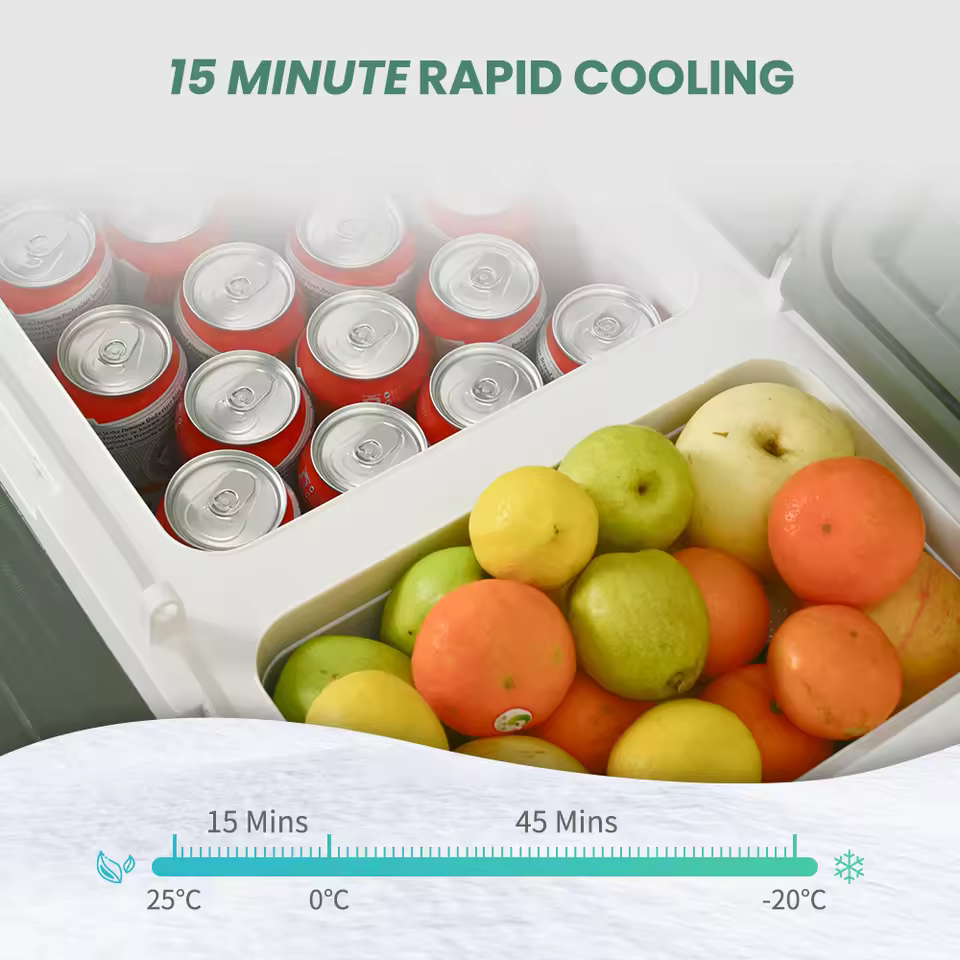 Alpicool car fridge rapid cooling from 25°C to 0°C in 15 minutes with drinks and fresh fruit