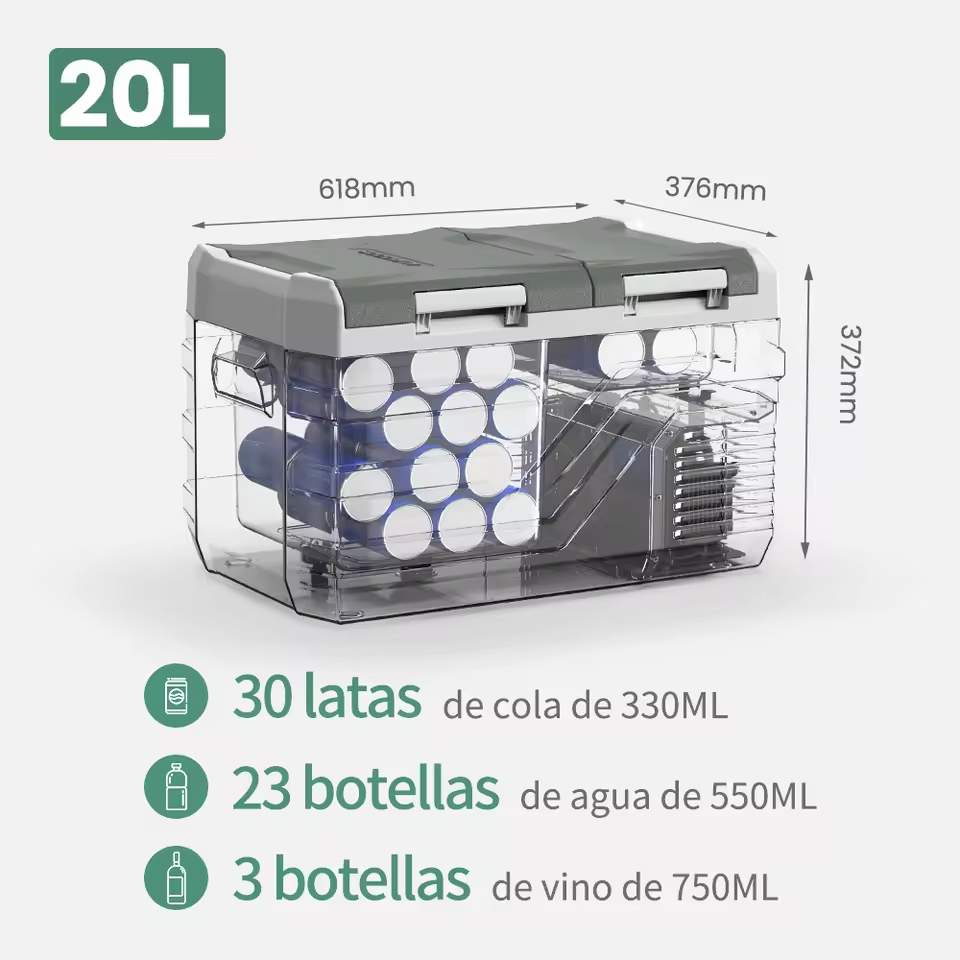 Alpicool NLS 20L car fridge capacity holding 30 cans and 23 water bottles