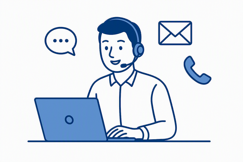Customer support illustration showing contact via chat, email, and phone