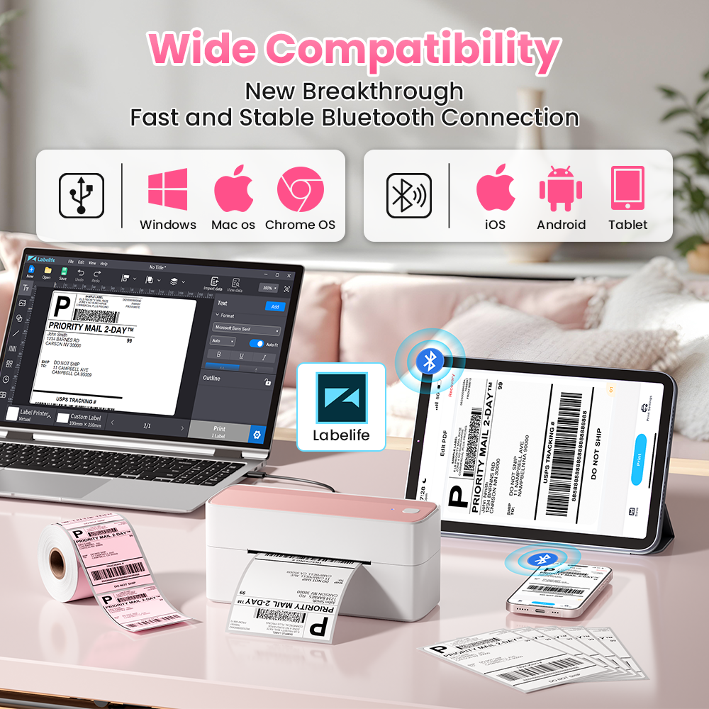 Wireless Bluetooth label printer for Windows Mac iOS and Android