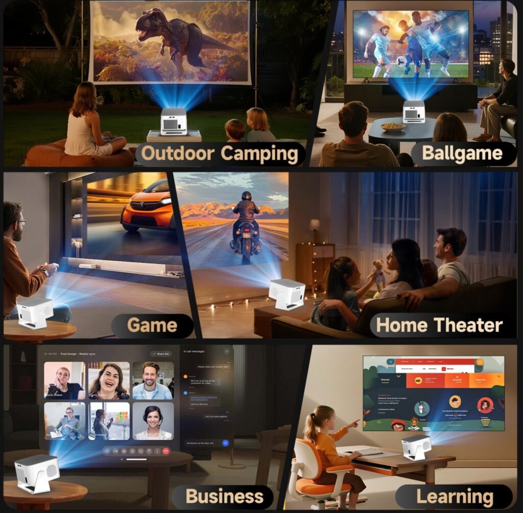 Magcubic HY450MAX projector use cases for camping, gaming, home theater, and business