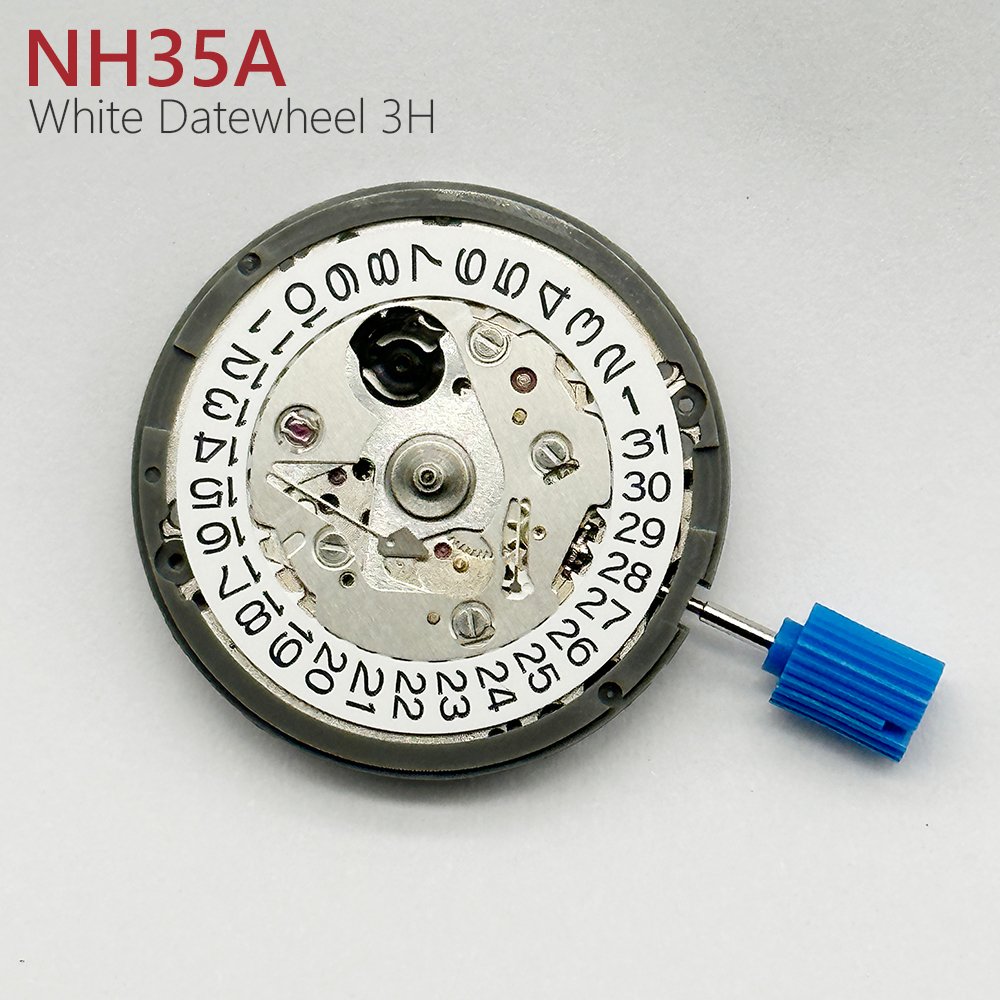 Seiko NH35A automatic movement with white datewheel and blue winding crown