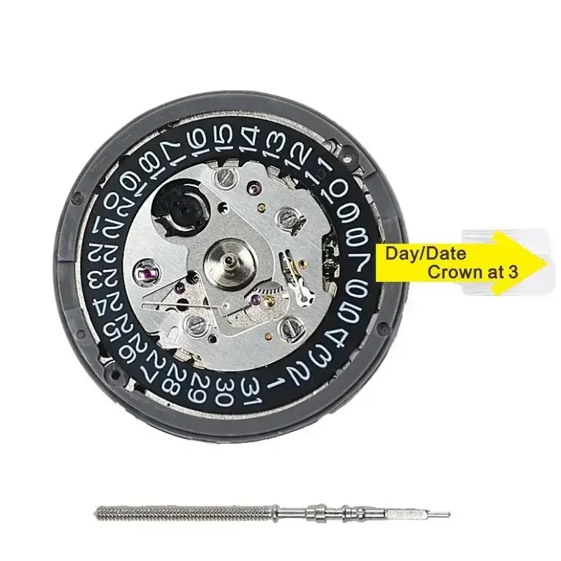 NH35 automatic movement with black datewheel showing Day/Date crown position at 3 o'clock, with winding stem