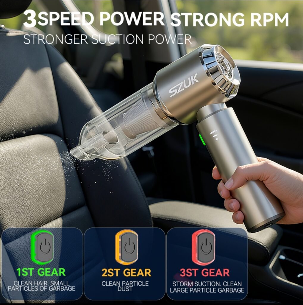 Handheld car vacuum with 3 speed power settings for deep interior car cleaning