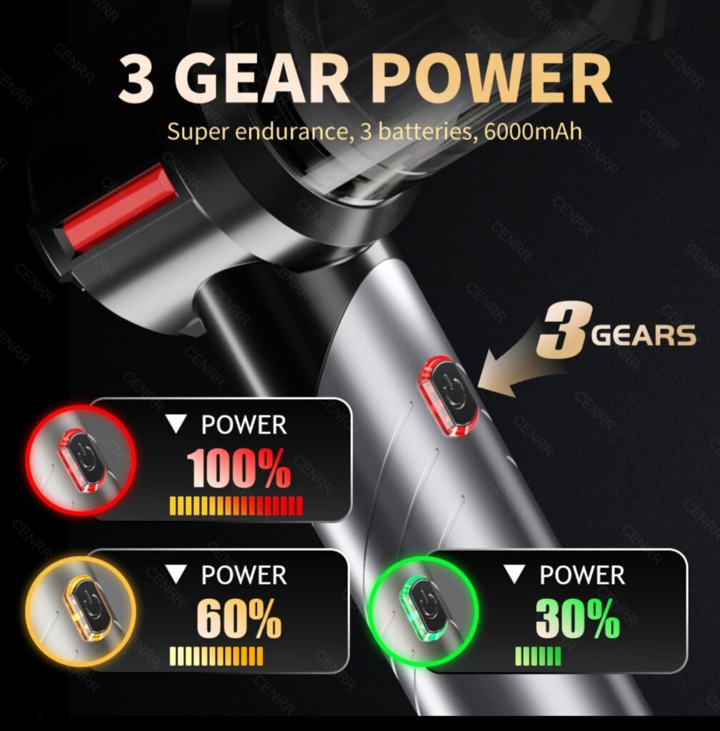 Handheld cordless vacuum with 3 gear power settings for adjustable suction