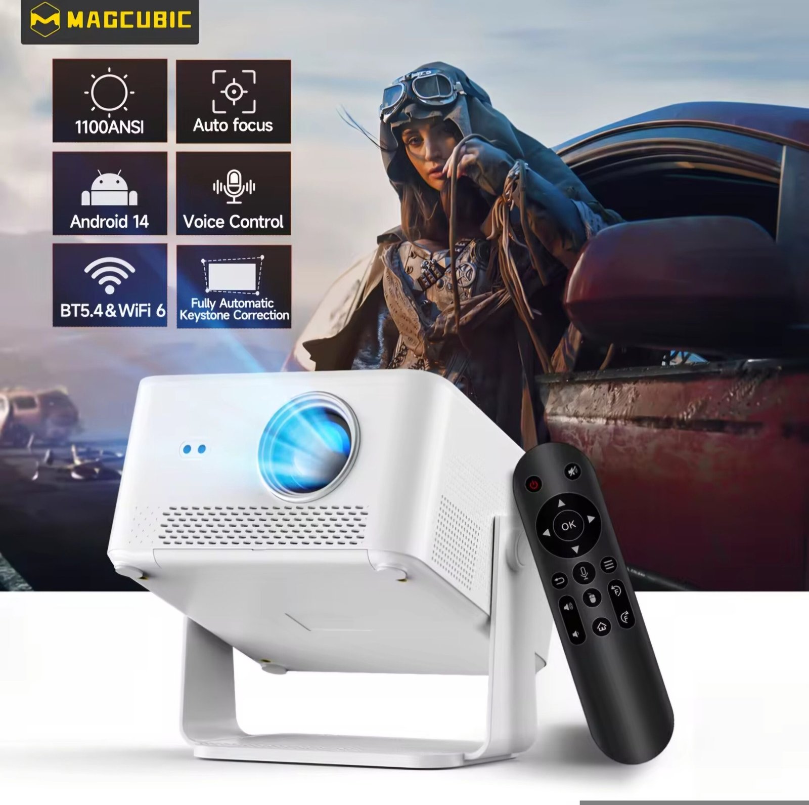 Magcubic HY450MAX 1100 ANSI Lumens Android 14 Smart Projector with Auto Focus, Voice Control, BT5.4 & WiFi 6, and Automatic Keystone Correction