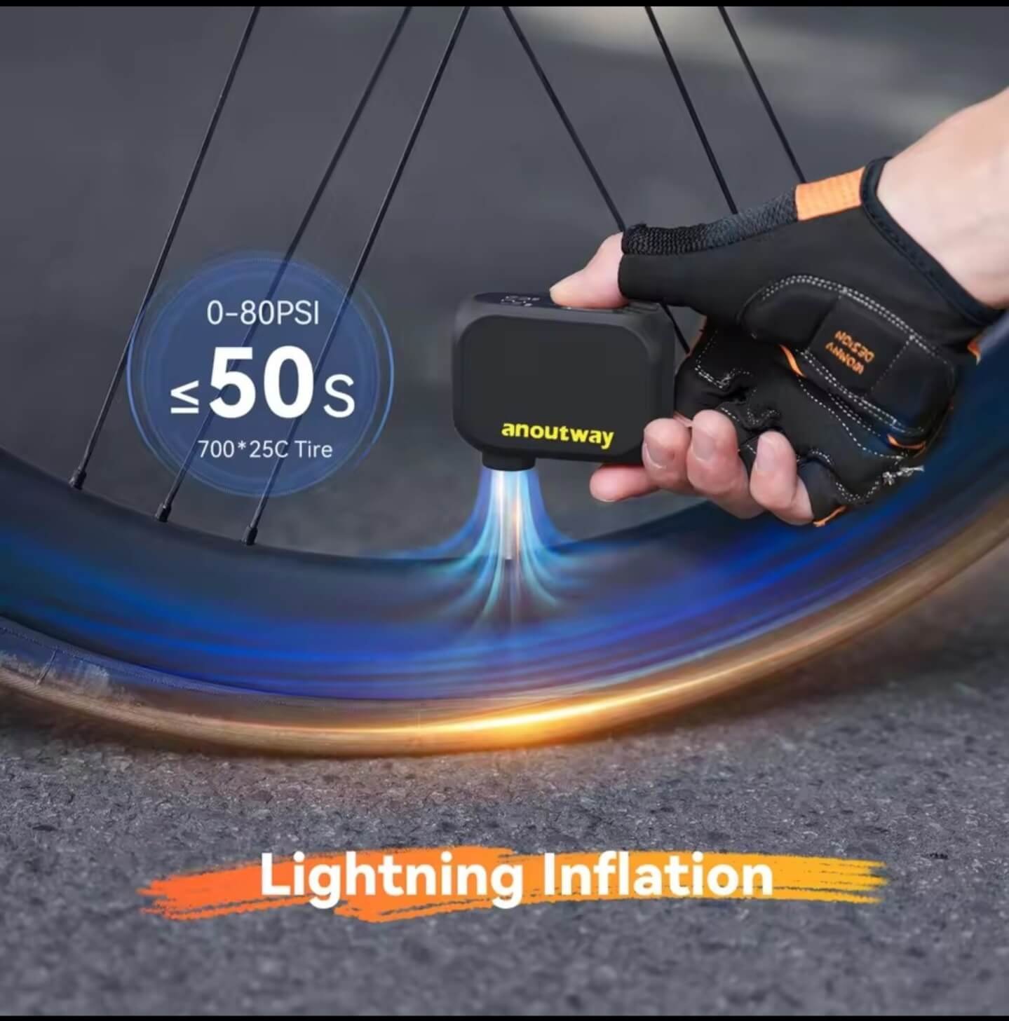 Anoutway AT1 Pro electric bike pump inflating tire in 50 seconds
