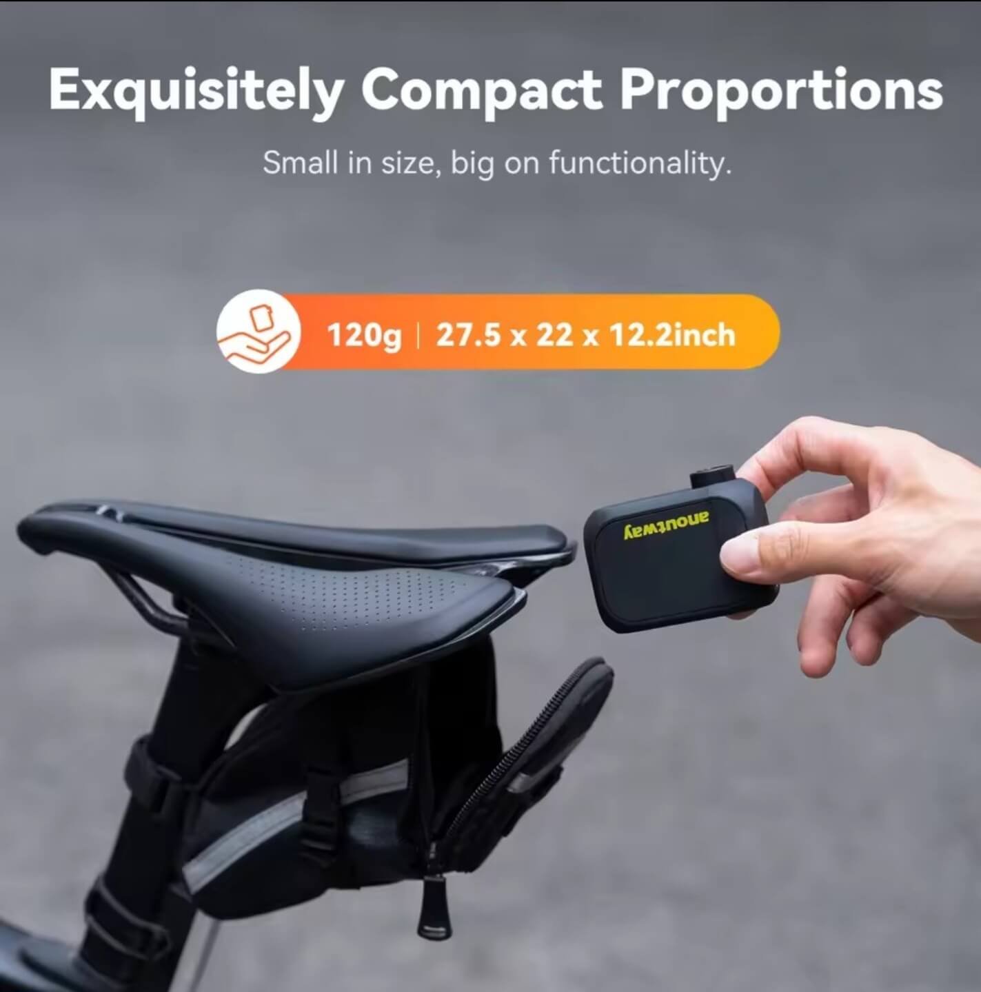 Anoutway AT1 Pro electric bike pump compact size on bike saddle