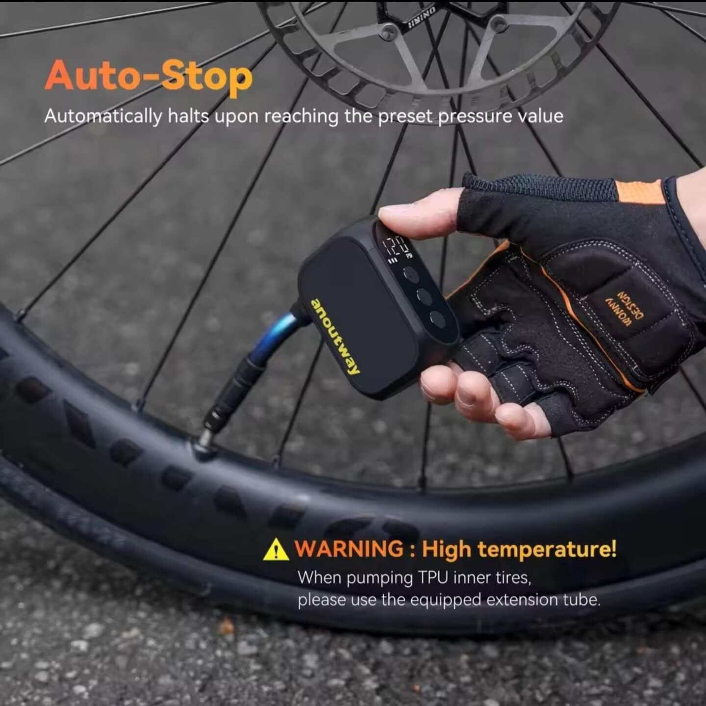 Anoutway AT1 Pro electric bike pump auto-stop pressure feature