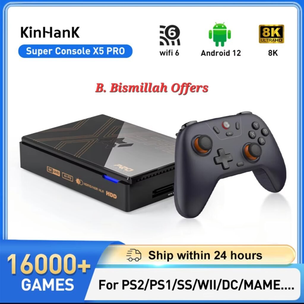Kinhank Super Console X5 Pro retro gaming console with controller, RK3588 chipset, 16000+ games