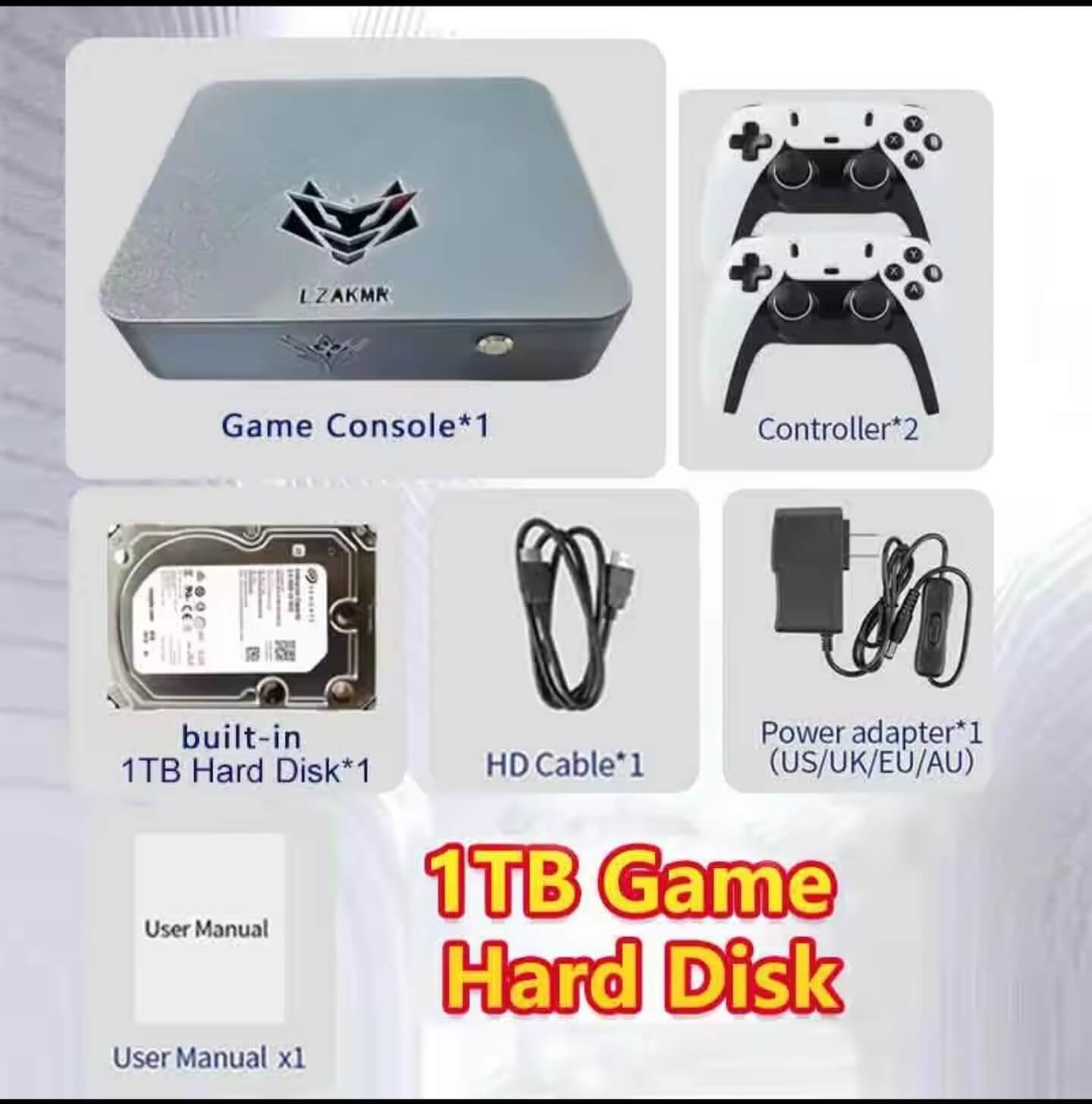 LZAKMR AK1 Mini PC package contents with controller and 1TB hard disk