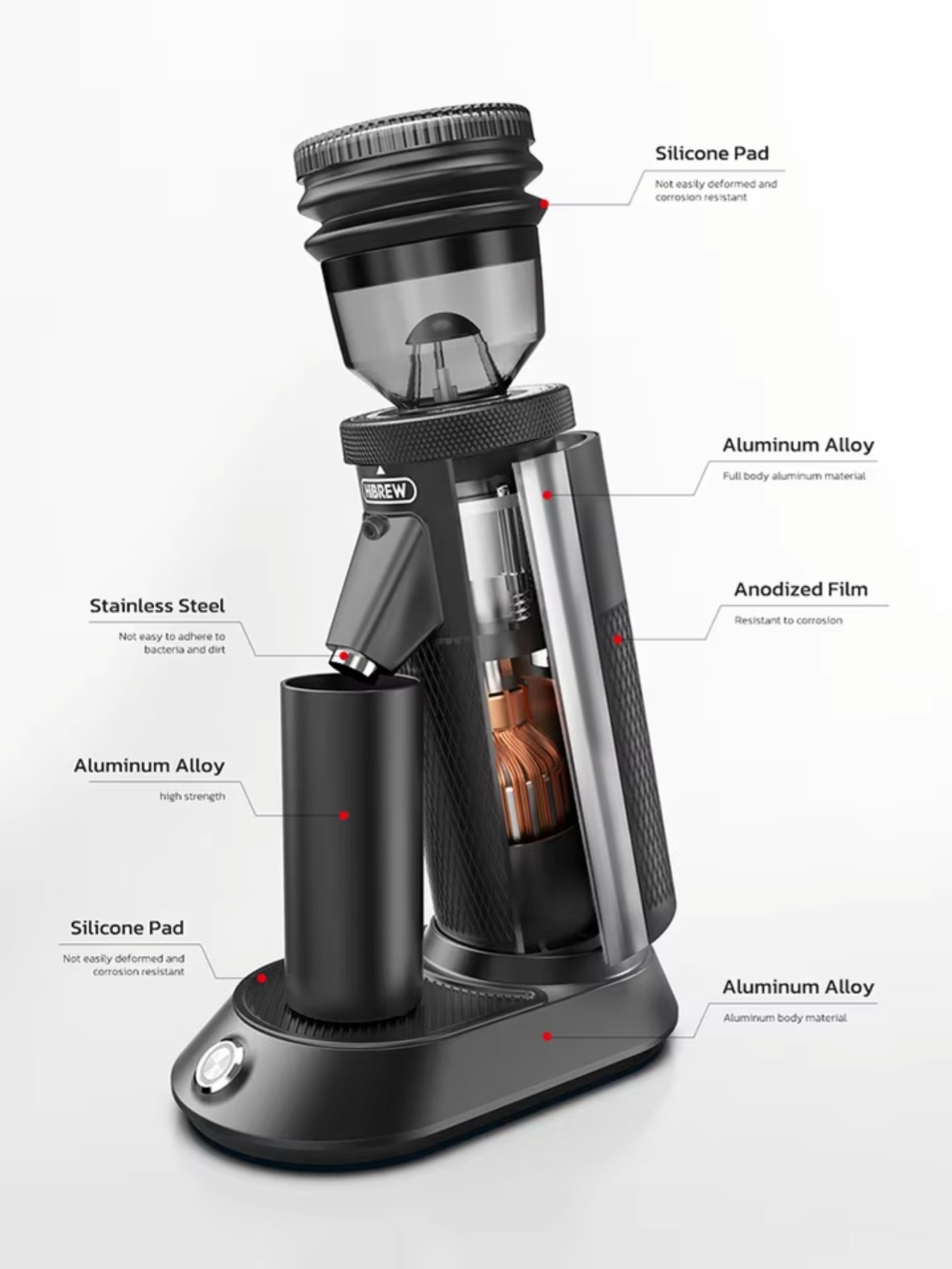 HiBREW G5 grinder internal parts and build materials