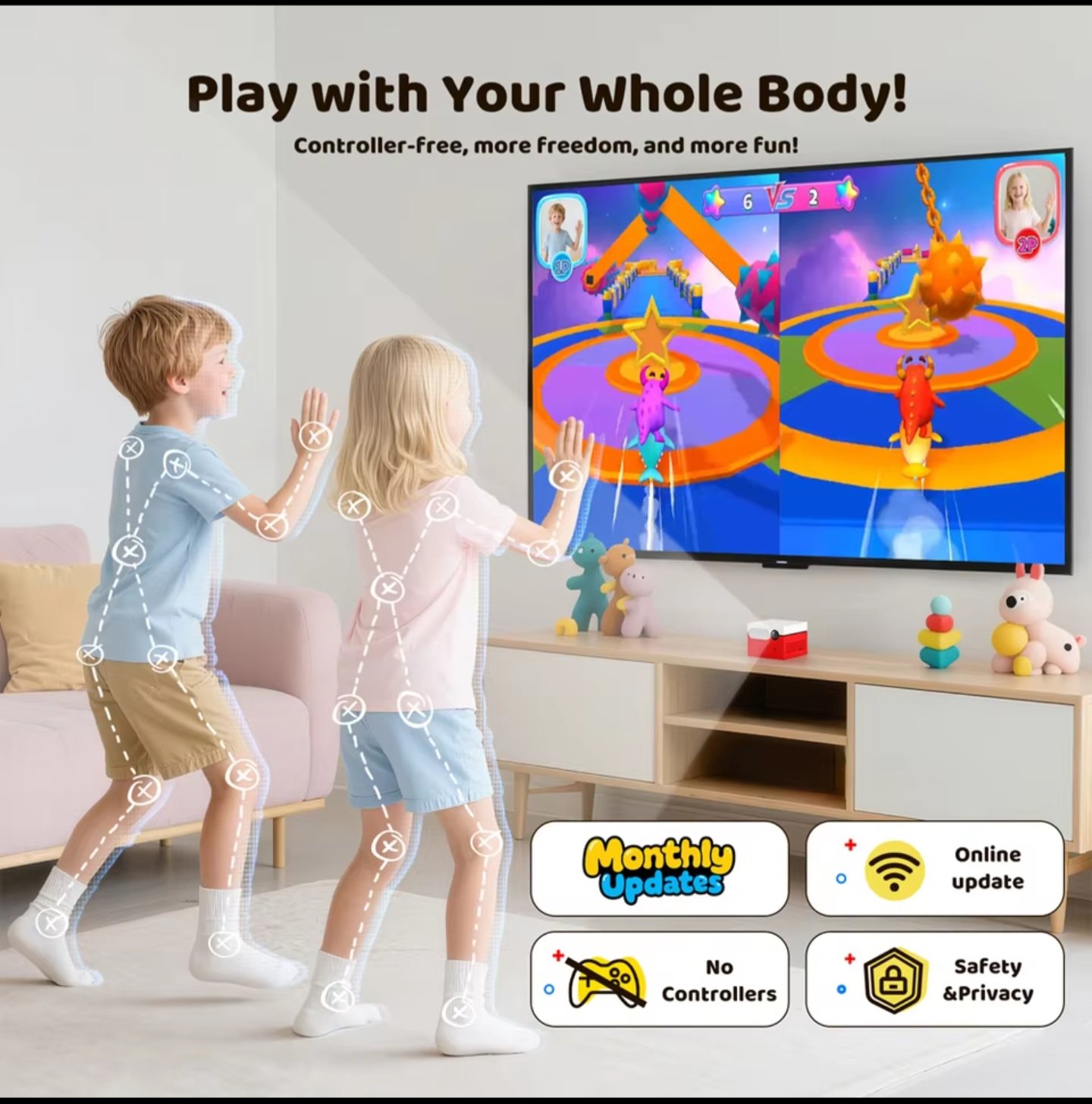 Kids playing interactive games on TV using Kinhank MotionX controller-free motion sensing