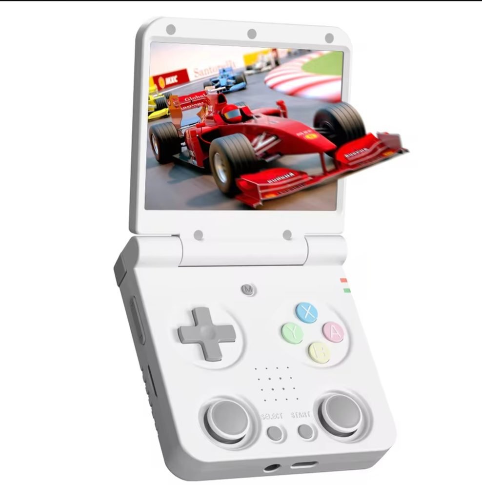 MIYOO Flip V2 handheld console running a racing game on the 3.5-inch IPS screen