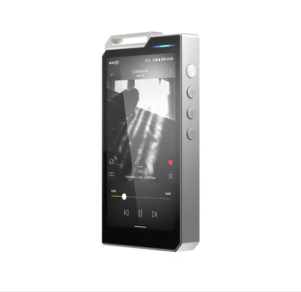 HiBy R4 silver model displaying Cyberpunk album art on the 3.5-inch screen
