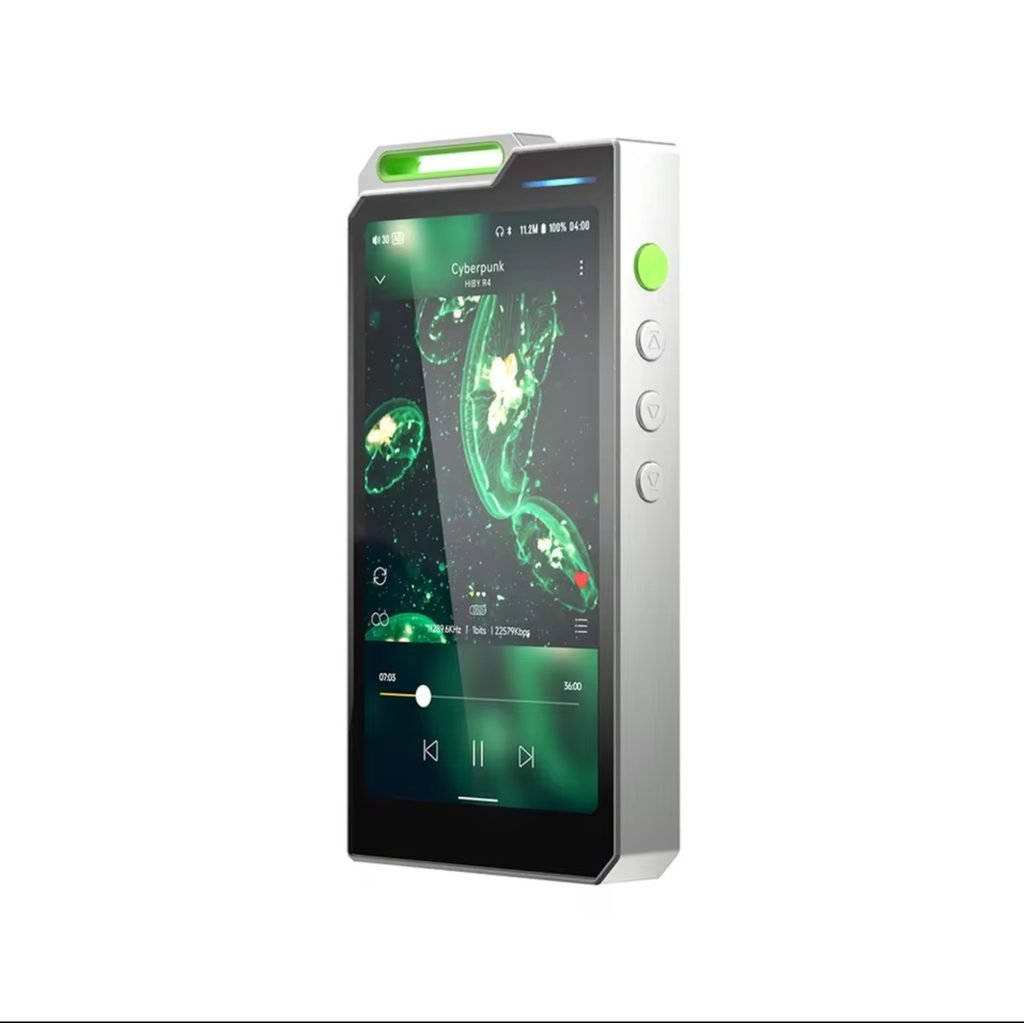 HiBy R4 grey model showing visualizer screen