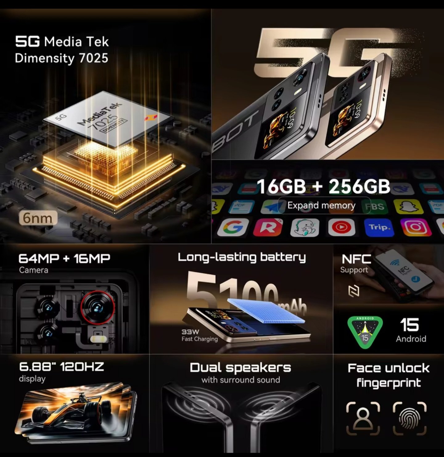 Cubot X100 5G specs - 64MP camera, 5100mAh battery, 6.88 inch 120Hz display