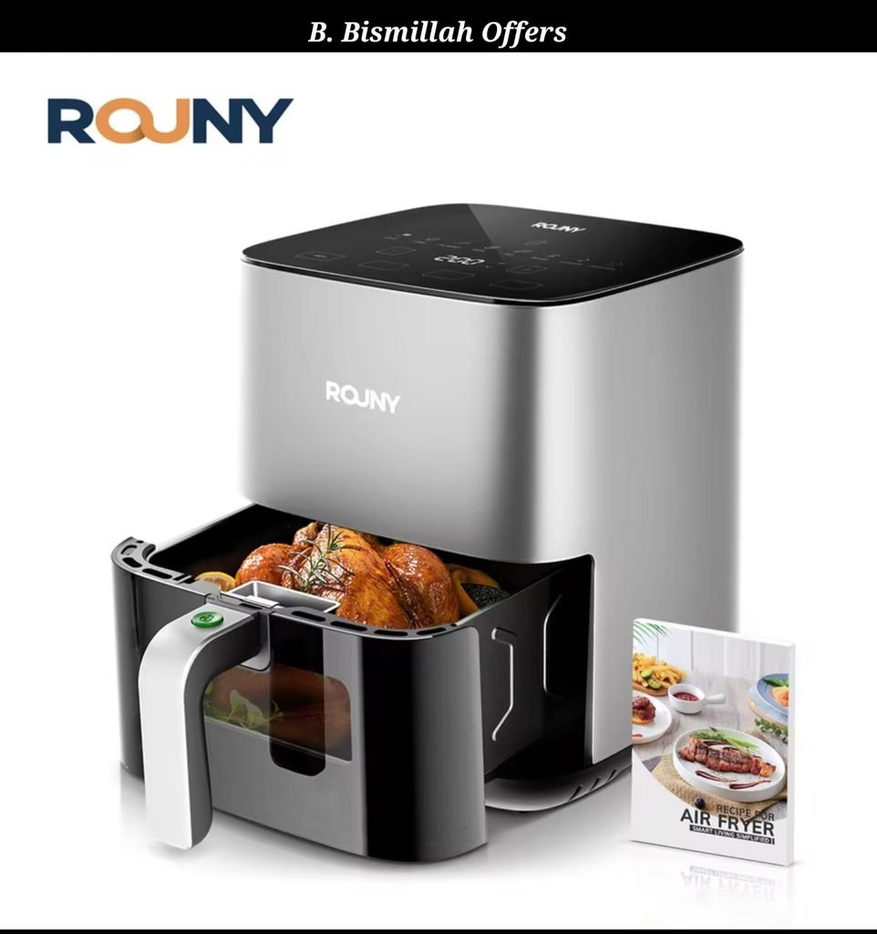 Non toxic air fryer - ROUNY 5L touch control model with visible cooking window and roasted chicken inside basket