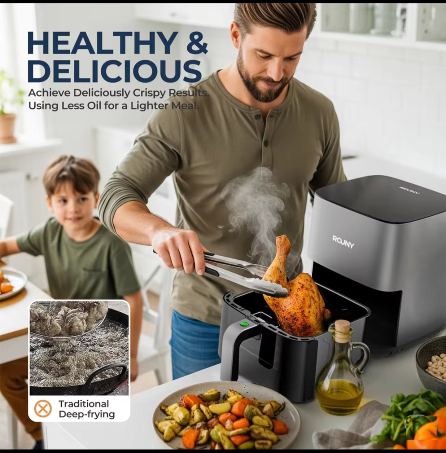Non toxic air fryer cooking healthy meal with less oil compared to deep frying