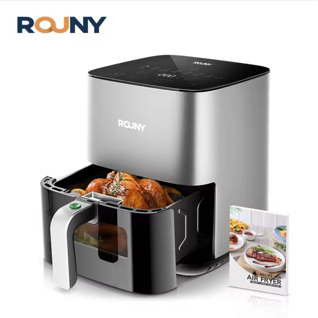 Non toxic air fryer ROUNY 5L with roasted chicken in nonstick basket