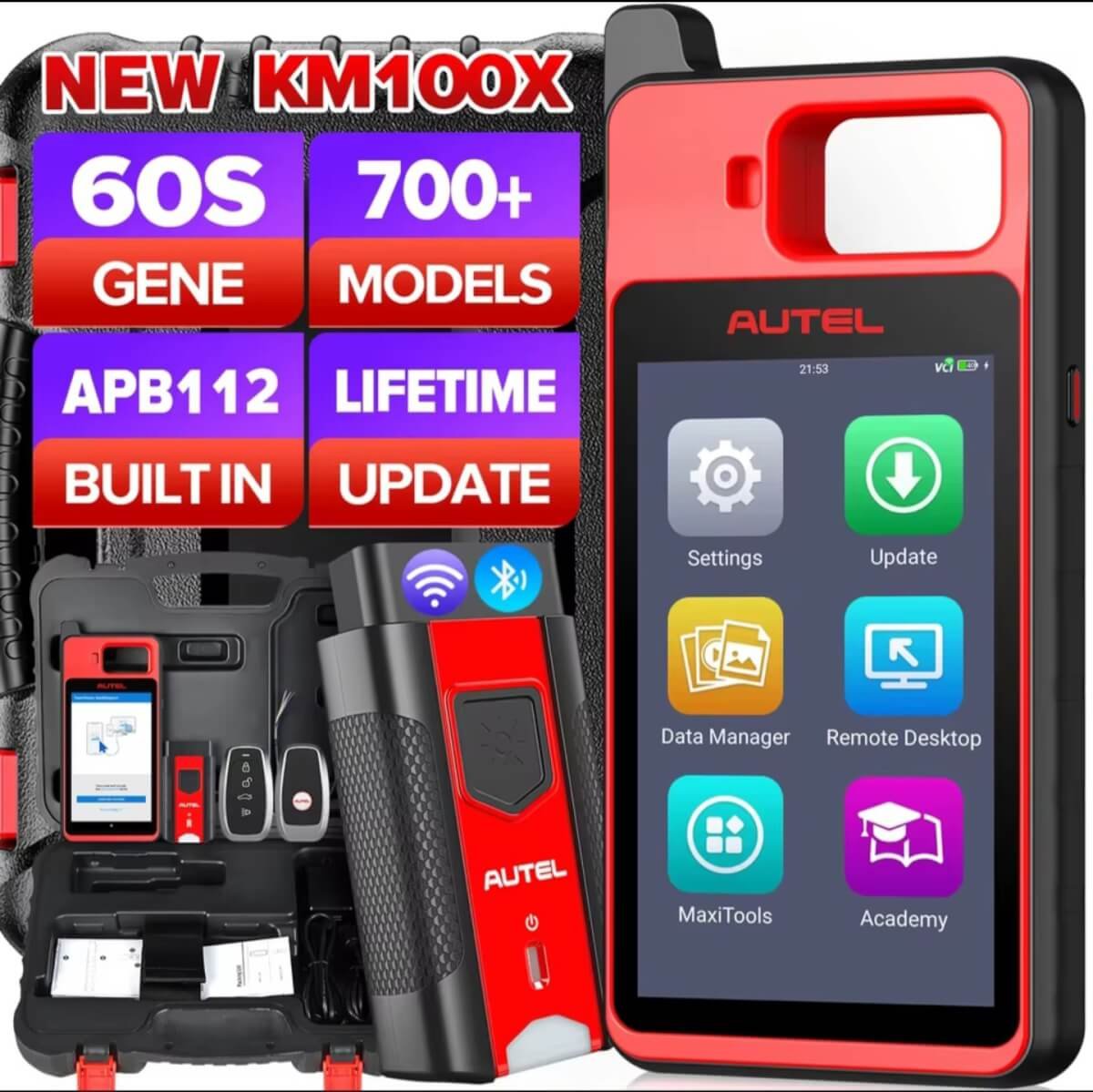 Autel KM100 key fob programmer review featured image with KM100X tablet and key programming kit
