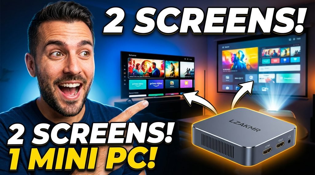 LZAKMR AK1 mini PC connected to two screens with dual HDMI output