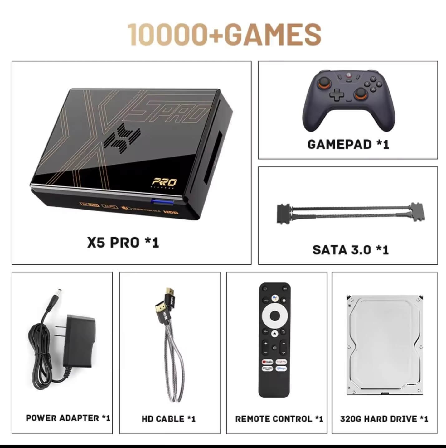Kinhank Super Console X5 Pro box contents with gamepad, SATA cable, power adapter, and 320GB hard drive