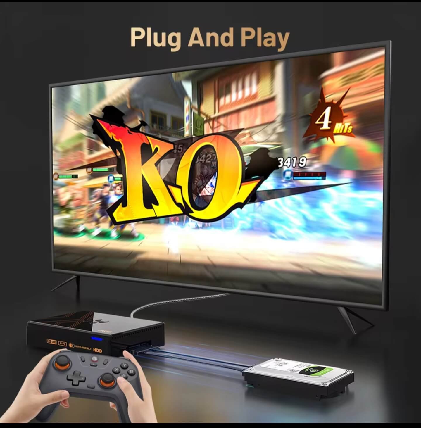 Kinhank Super Console X5 Pro plug and play setup with wireless gamepad and TV display