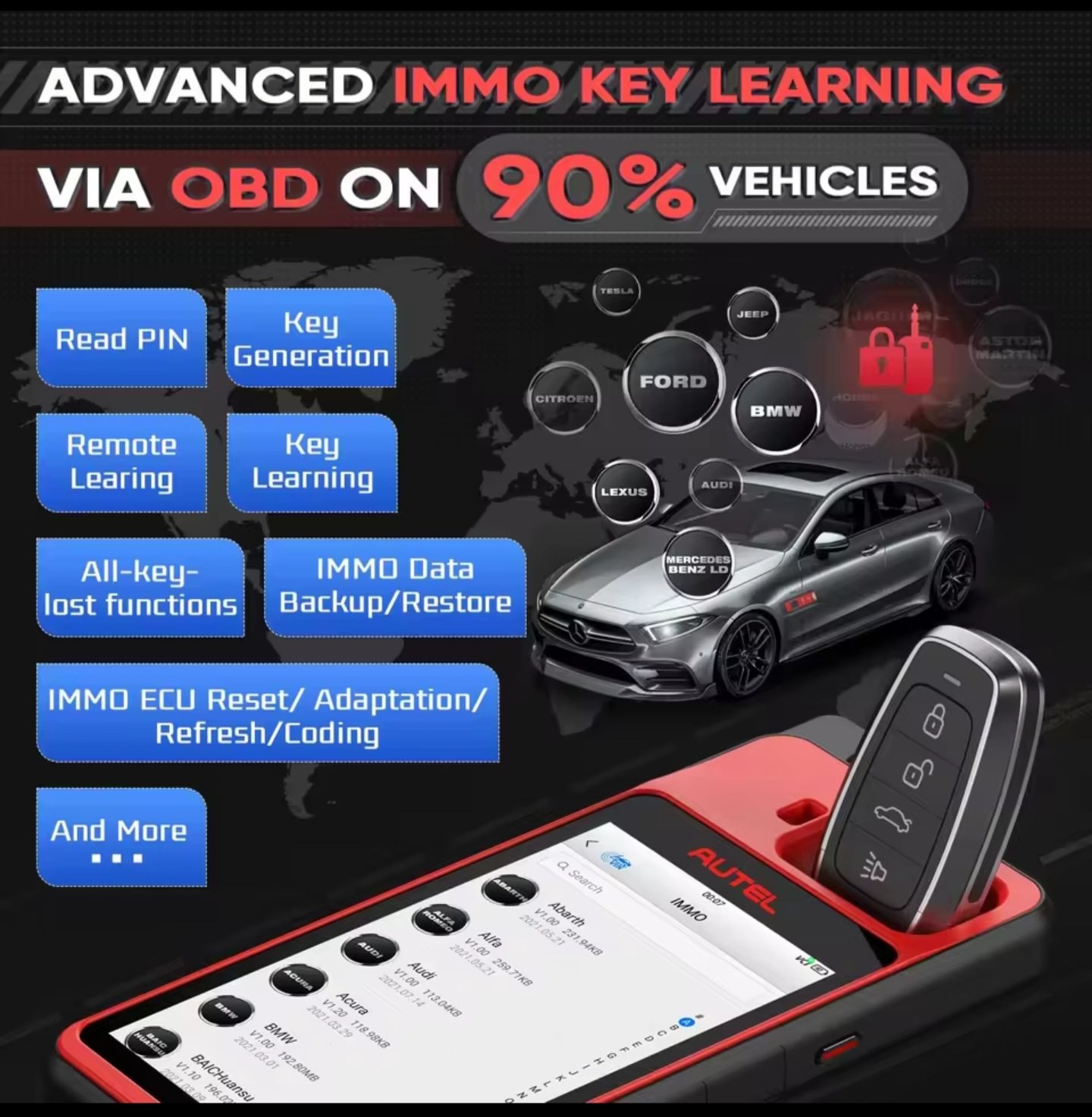 Autel KM100 key fob programming tool showing advanced IMMO key learning via OBD for Ford, BMW, Mercedes and other vehicle brands