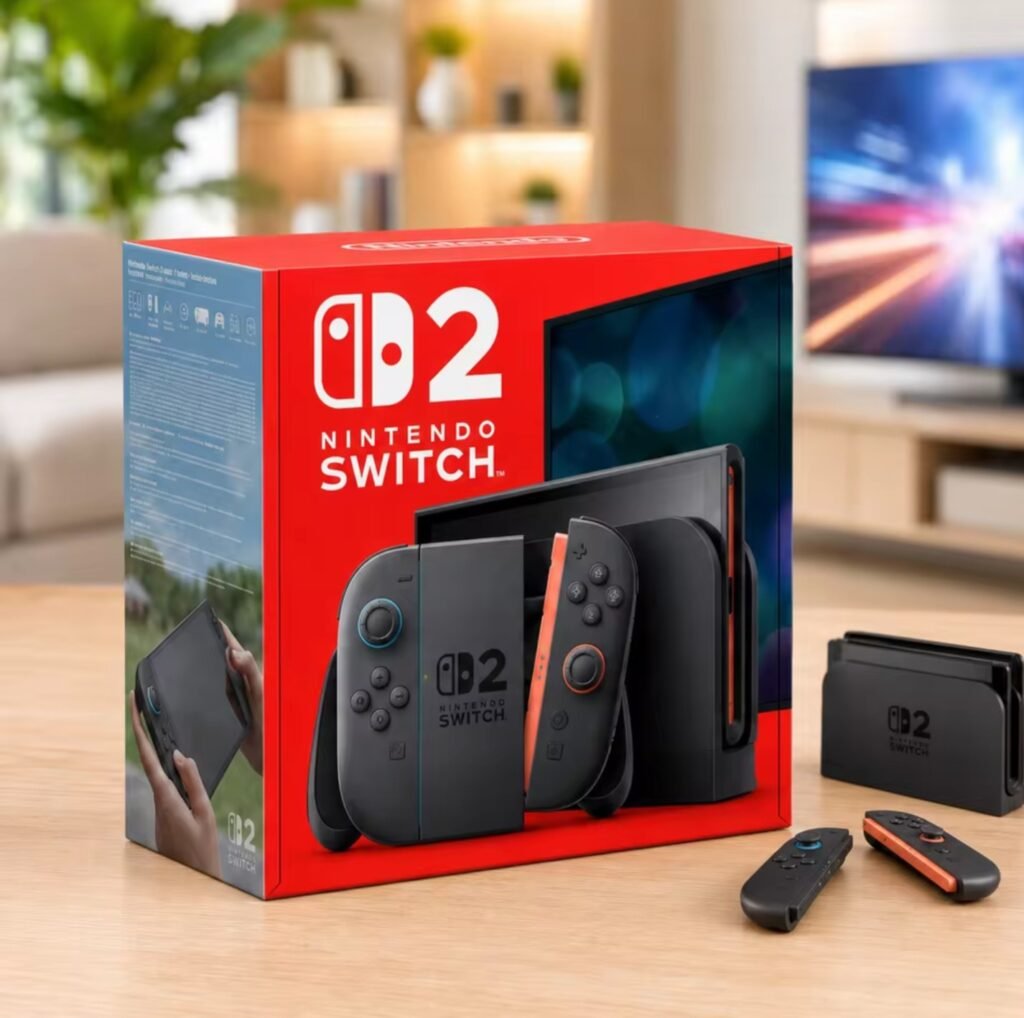Nintendo Switch 2 console box with red Joy-Con controllers displayed